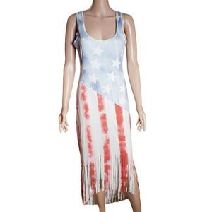 American Flag Print Fringe Hem Maxi Dress Sz L